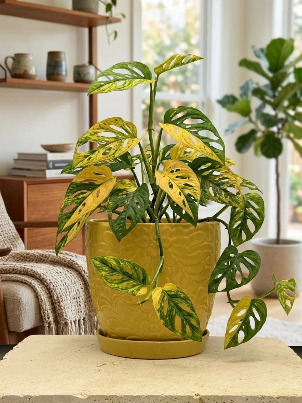 Yellow Floral Ceramic Planter Pot with Saucer Attached 8 Inch Flower Pot